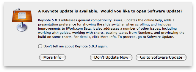 A Keynote update is available. Would you like to open Software Update ?