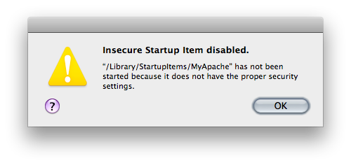 The error message saying a startup item has been disabled
