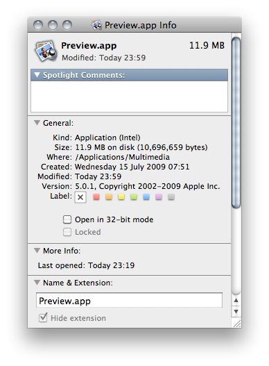 Preview.app's information panel before changing the icon